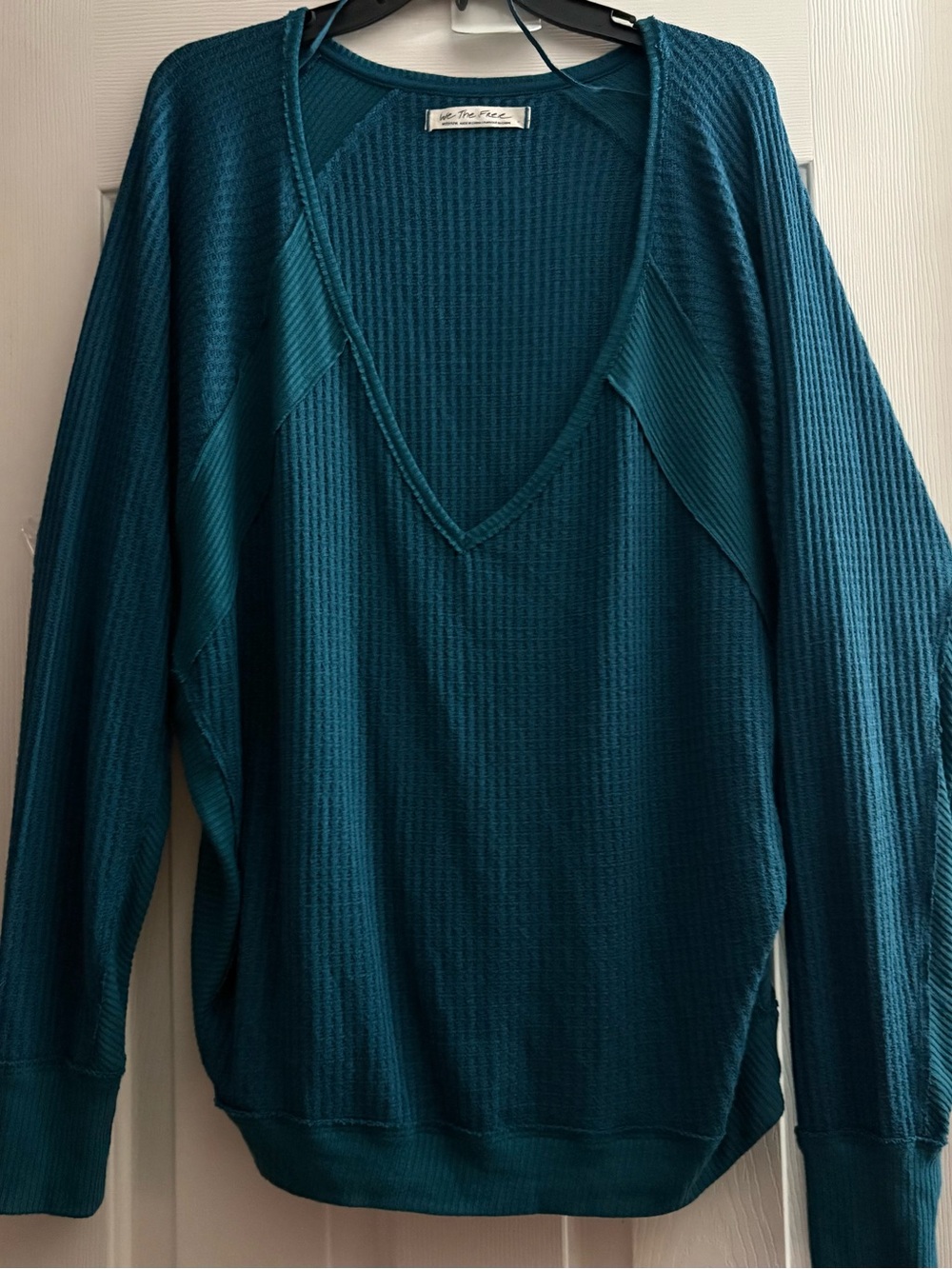 We The Free Deep Teal Waffle-Knit V-Neck Long Sleeve Top